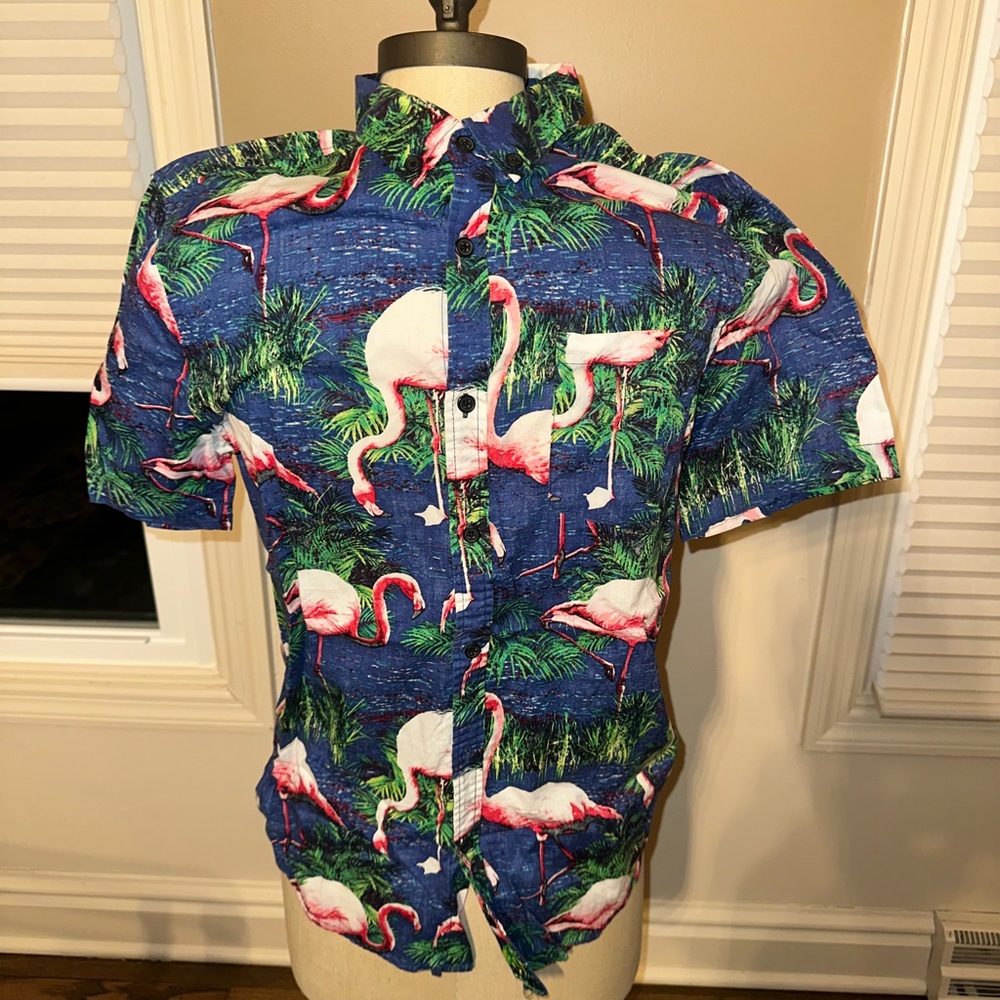 Carbon Blue Flamingo Print Casual Button Down Shirt